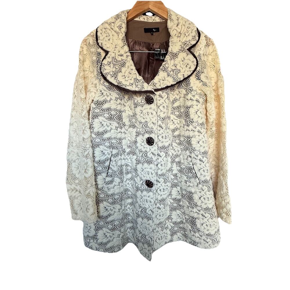 Ryu Women’s Floral Crochet Pattern Coat Size S Ivory‎ Sheer Sleeves 100% Cotton